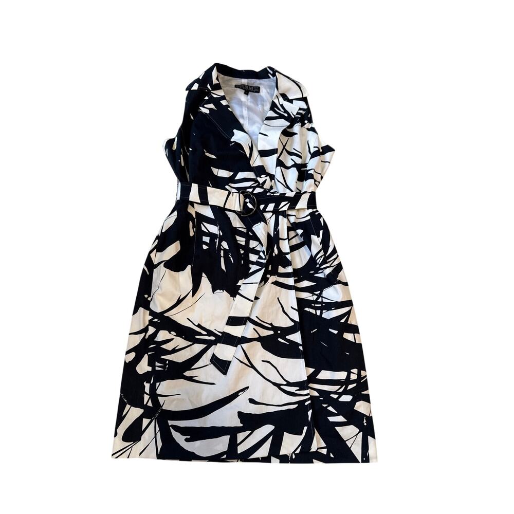 Lafayette 148 New York black white abstract print collared belted wrap Dress 8
